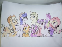 Size: 4320x3240 | Tagged: safe, artist:thr3eguess3s, applejack, sugar belle, oc, oc:blackurrant, oc:damson jam, oc:freestone peach, oc:jackfruit, oc:raspberry tart, earth pony, pony, unicorn, bow, cowboy hat, family, female, hair bow, hat, lesbian, magical lesbian spawn, male, mare, neckerchief, offspring, parent:applejack, parent:sugar belle, parents:sugarjack, shipping, stallion, sugarjack, traditional art