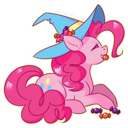 Size: 1080x1080 | Tagged: safe, artist:anzicorn, pinkie pie, earth pony, pony, candy, eating, eyes closed, female, food, hat, mare, prone, simple background, solo, transparent background, witch hat