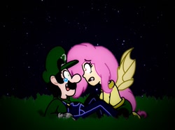 Size: 1011x758 | Tagged: safe, artist:zer0cute, fluttershy, bat pony, vampire, equestria girls, bat ponified, bat wings, cap, clothes, crossover, cute, cute little fangs, fangs, flutterbat, gloves, hat, looking at each other, luigi, luigi's hat, luigishy, night, nintendo, overalls, race swap, scared, shirt, shoes, super mario bros., undershirt, wings