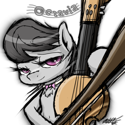 Size: 1280x1280 | Tagged: safe, artist:phoenixrk49, octavia melody, earth pony, pony, bow (instrument), bowtie, cello, cello bow, chest fluff, female, lidded eyes, mare, musical instrument, signature, simple background, solo, white background