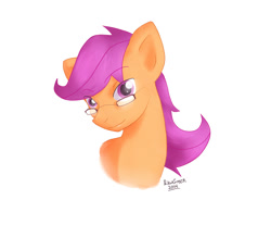 Size: 1041x864 | Tagged: safe, artist:animatorrawgreen, scootaloo, pegasus, pony, bust, glasses, lidded eyes, looking at you, older, simple background, smiling, solo, white background