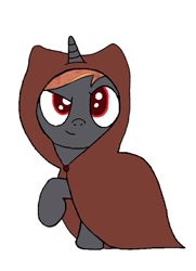 Size: 383x528 | Tagged: safe, artist:pizzamovies, oc, oc only, oc:incendia, pony, unicorn, fanfic:antipodes, cloak, clothes, female, mare, simple background, smiling, solo, white background