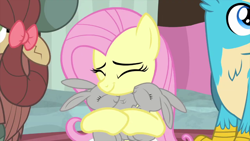 Size: 1280x720 | Tagged: safe, screencap, fluttershy, gallus, yona, griffon, pegasus, pony, rabbit, yak, teacher of the month (episode), spoiler:interseason shorts, cute, hug, shyabetes