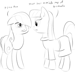 Size: 1000x1000 | Tagged: safe, artist:khorme, maud pie, sapphire joy, crystal pony, pony, monochrome, sketch