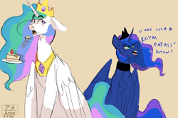 Size: 1500x1000 | Tagged: safe, artist:amethesaladhair, princess celestia, princess luna, alicorn, pony, cake, crown, eating, female, food, fork, jewelry, mare, regalia, royal sisters, sisters, this will end in tears and/or a journey to the moon, vulgar