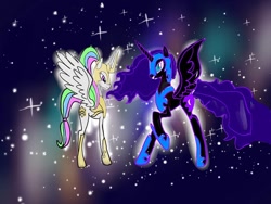 Size: 1080x810 | Tagged: safe, artist:bellas.den, nightmare moon, princess celestia, alicorn, pony, duo, female, helmet, hoof shoes, mare, peytral, raised hoof, siblings, sisters, stars