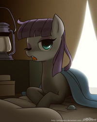 Size: 800x1000 | Tagged: safe, artist:johnjoseco, boulder (pet), maud pie, earth pony, pony, backlighting, beautiful, bed, blanket, dark, eyeshadow, female, looking at you, makeup, mare, messy mane, morning ponies, one eye closed, open mouth, solo, wink, yawn