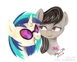 Size: 722x586 | Tagged: safe, artist:xiao_chic, dj pon-3, octavia melody, vinyl scratch, earth pony, pony, unicorn, bowtie, female, glasses, lesbian, scratchtavia, shipping