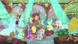 Size: 1280x720 | Tagged: safe, screencap, berry blend, berry bliss, fluttershy, gallus, november rain, ocellus, peppermint goldylinks, sandbar, silverstream, yona, changedling, changeling, classical hippogriff, earth pony, griffon, hippogriff, pegasus, pony, unicorn, yak, teacher of the month (episode), spoiler:interseason shorts, animated, bird house, blissabetes, bow, chalkboard, classroom, cloven hooves, colored hooves, cute, dancing, diaocelles, diastreamies, female, friendship student, gallabetes, gif, gramophone, hair bow, jewelry, male, mare, monkey swings, necklace, novemberbetes, peppermint adoralinks, sandabetes, smiling, teenager, yonadorable