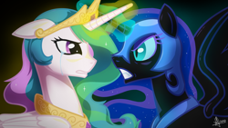 Size: 1280x720 | Tagged: safe, artist:whitequartztheartist, nightmare moon, princess celestia, alicorn, pony, crying, magic