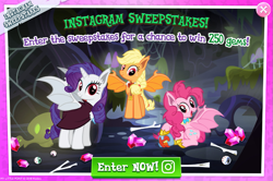 Size: 1037x688 | Tagged: safe, pinkie pie, rarity, alicorn, bat pony, bat pony alicorn, earth pony, living apple, pony, night of the living apples, spoiler:comic, spoiler:comic33, advertisement, alicornified, bat ponified, gameloft, gem, official, pinkiebat, race swap, raribat, raricorn, sweepstakes