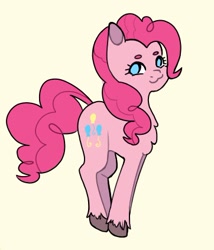 Size: 362x423 | Tagged: safe, artist:misfithippie, part of a set, pinkie pie, earth pony, pony, chest fluff, colored hooves, female, mare, no pupils, pronking, simple background, solo, unshorn fetlocks, yellow background