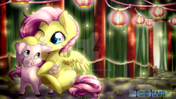 Size: 1280x720 | Tagged: safe, artist:tokokami, fluttershy, pegasus, pig, pony, blushing, chest fluff, chinese new year, cute, deviantart watermark, duo, ear fluff, female, frog (hoof), lantern, mare, obtrusive watermark, shyabetes, underhoof, watermark, year of the pig