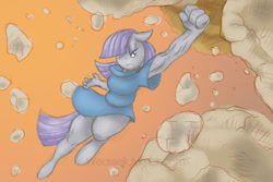 Size: 865x579 | Tagged: safe, artist:weasselk, maud pie, anthro, maud pie (episode), action pose, equestria's best big sister, maud pump, muscles, punch, rock, scene interpretation, sinewy, solo, strength