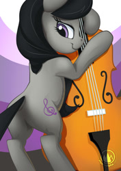 Size: 955x1351 | Tagged: safe, alternate version, artist:mysticalpha, octavia melody, earth pony, pony, bipedal, bipedal leaning, cello, female, leaning, looking at you, looking back, looking back at you, mare, musical instrument, smiling, solo