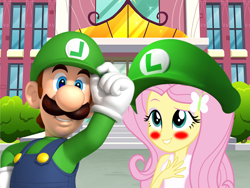 Size: 1500x1125 | Tagged: safe, artist:daniotheman, artist:mergedzamasuva, artist:sugar-loop, fluttershy, equestria girls, barely eqg related, blushing, canterlot high, cap, clothes, crossover, crossover shipping, hat, luigi, luigi's hat, luigishy, nintendo, shipping, smiling, super mario bros.