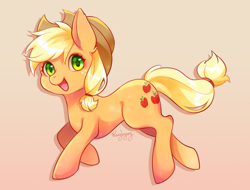 Size: 1250x950 | Tagged: safe, artist:nanghyang, applejack, earth pony, pony, applejack's hat, cowboy hat, cute, female, gradient background, hat, jackabetes, looking at you, mare, open mouth, solo