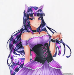 Size: 800x808 | Tagged: safe, artist:racoonsan, twilight sparkle, human, bare shoulders, choker, clothes, corset, dress, eared humanization, female, horned humanization, humanized, looking at you, simple background, solo, tailed humanization, traditional art, white background