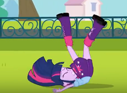 Size: 494x364 | Tagged: safe, derpibooru import, screencap, twilight sparkle, twilight sparkle (alicorn), alicorn, equestria girls, boots, clothes, cropped, falling, fence, magic skirt, pleated skirt, skirt, solo, tree