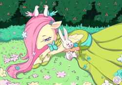 Size: 2935x2043 | Tagged: safe, artist:vexkex, angel bunny, fluttershy, bird, pegasus, pony, rabbit, bush, carrot, clothes, cute, dress, eyes closed, female, floppy ears, flower, flower in hair, food, gala dress, grass, hair over one eye, mare, open mouth, prone, sad, sadorable, shyabetes, sleeping, sweet dreams fuel