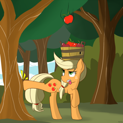 Size: 1280x1280 | Tagged: safe, artist:genericmlp, applejack, earth pony, pony, apple, apple tree, applebucking, bucking, falling, female, food, mare, solo, tongue out, tree