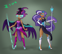 Size: 1024x907 | Tagged: safe, artist:joan-grace, derpibooru import, midnight sparkle, nightmare rarity, rarity, sci-twi, twilight sparkle, equestria girls, breasts, cleavage, clothes, dark skin, dress, female, humanized, side slit, spear, staff, weapon, winged humanization