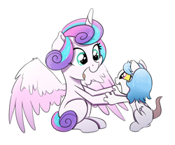 Size: 3000x2500 | Tagged: safe, artist:marukouhai, princess flurry heart, oc, oc:eris, alicorn, hybrid, pony, high res, interspecies offspring, offspring, older, parent:discord, parent:princess celestia, parents:dislestia, simple background, sitting, smiling, white background