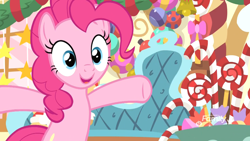 Size: 1920x1080 | Tagged: safe, screencap, pinkie pie, earth pony, pony, best gift ever, cute, female, mare, sofa, solo, spread hooves