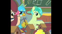 Size: 1280x720 | Tagged: safe, screencap, fluttershy, gallus, sandbar, yona, earth pony, griffon, pegasus, pony, teacher of the month (episode), spoiler:interseason shorts, animated, cropped, gif, hammer, male, smiling