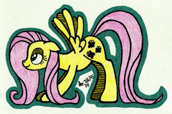 Size: 1947x1294 | Tagged: safe, artist:aracage, fluttershy, pegasus, pony, female, mare, solo, stretching, traditional art