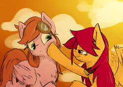 Size: 1280x905 | Tagged: dead source, safe, artist:fiddlearts, artist:goat train, airheart, jetstream, scootaloo, pegasus, pony, bedroom eyes, boop, chest fluff, collar, colored, eye contact, female, frown, goggles, lesbian, lesboloo, smiling, squishy cheeks