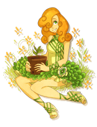 Size: 680x890 | Tagged: safe, artist:ssenarrya, carrot top, golden harvest, clothes, flower, hair over one eye, holding, humanized, looking at you, potted plant, simple background, sitting, smiling, solo, transparent background