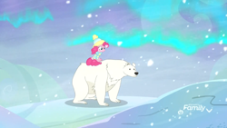 Size: 1920x1080 | Tagged: safe, screencap, pinkie pie, bear, earth pony, pony, best gift ever, animal, aurora borealis, clothes, duo, female, hat, mare, polar bear, ponies riding bears, riding, scarf, snow