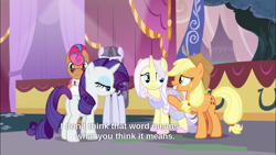 Size: 1366x768 | Tagged: safe, screencap, applejack, inky rose, lily lace, rarity, starstreak, earth pony, pony, unicorn, honest apple, subtitles, the princess bride referance, you keep using that word