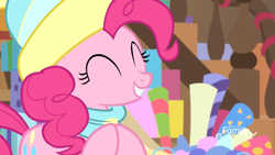 Size: 1920x1080 | Tagged: safe, screencap, pinkie pie, earth pony, pony, best gift ever, clothes, diabetes, eyes closed, female, hat, mare, scarf, smiling, solo