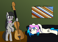 Size: 1548x1122 | Tagged: safe, artist:platinumdrop, dj pon-3, octavia melody, vinyl scratch, earth pony, pony, cello, musical instrument, sofa