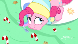 Size: 1920x1080 | Tagged: safe, screencap, pinkie pie, earth pony, pony, best gift ever, candy, candy cane, eating, female, floaty, food, hat, inflatable, inflatable toy, mare, pool toy, prehensile mane, pudding, puddinghead's pudding, solo