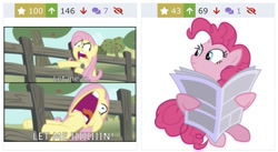 Size: 1250x686 | Tagged: safe, artist:steyrrdash, derpibooru exclusive, derpibooru import, fluttershy, pinkie pie, earth pony, pegasus, pony, derpibooru, juxtaposition, let me in, meme, meta, newspaper