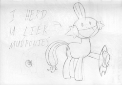 Size: 1080x751 | Tagged: safe, artist:moon flower, derpibooru exclusive, applejack, earth pony, pony, applejack's hat, clothes, cowboy hat, crossover, dialogue, english, engrish, female, fusion, grayscale, hat, head swap, holding, mare, meme, monochrome, mudkip, mudpony, nintendo, not salmon, open mouth, pencil, pencil drawing, pokémon, poképony, pun, raised hoof, raised leg, sketch, smiling, so i herd u liek mudkipz, solo, standing, text, traditional art, wat