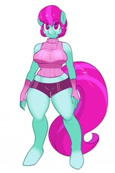 Size: 1233x1850 | Tagged: artist needed, safe, oc, oc only, oc:newwave, anthro, unguligrade anthro, bike shorts, clothes, freckles, gloves, midriff, simple background, solo, sweater, turtleneck, white background