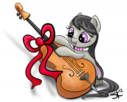 Size: 1662x1346 | Tagged: safe, artist:rawrcharlierawr, octavia melody, earth pony, pony, birthday present, bow, cello, cute, female, filly, filly octavia, musical instrument, open mouth, simple background, solo, tavibetes, white background, younger