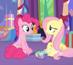 Size: 603x540 | Tagged: safe, screencap, fluttershy, pinkie pie, earth pony, pegasus, pony, best gift ever, bowl, cropped, discovery family logo, duo, female, food, mare, pudding, puddinghead's pudding, sitting, smiling