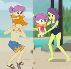 Size: 411x400 | Tagged: safe, screencap, applejack, lily pad (equestria girls), valhallen, victoria, water lily (equestria girls), aww... baby turtles, equestria girls, equestria girls series, turf war, baby, background human, barefoot, clothes, coincidence, cropped, feet, male, male feet, partial nudity, sandals, shorts, swimsuit, topless