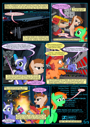 Size: 1000x1414 | Tagged: safe, artist:christhes, oc, oc:cookiecutter, oc:gracenote, oc:maple leaf, oc:spring clean, earth pony, pony, unicorn, collaboration, comic:friendship is dragons, arc hammer, armor, artificial wings, augmented, bucking, comic, credits, crossover, dark forces, dark trooper, darth vader, derpibooru, dialogue, executor, female, fight, frown, glowing horn, guard, gun, helmet, horn, implied fluttershy, implied pinkie pie, implied rarity, implied twilight sparkle, jumping, juxtaposition, juxtaposition win, laser, looking back, mare, mechanical wing, meme, meta, onomatopoeia, raised hoof, saddle, scared, space, spaceship, spread wings, star wars, stars, super star destroyer, tack, unamused, weapon, wide eyes, wings