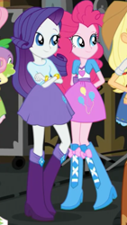 Size: 1242x2208 | Tagged: safe, screencap, applejack, fluttershy, pinkie pie, rarity, spike, spike the regular dog, dog, equestria girls, movie magic, spoiler:eqg specials, clothes, cropped, crossed arms, hands behind back, skirt