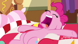 Size: 1920x1080 | Tagged: safe, screencap, pinkie pie, earth pony, pony, best gift ever, bed, discovery family logo, eyes closed, female, lying on bed, mare, open mouth, solo, spread hooves