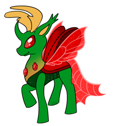 Size: 1080x1080 | Tagged: safe, artist:usagi-zakura, oc, oc only, oc:strawberry, changedling, changeling, to where and back again, changeling king, changeling oc, green changeling, raised hoof, simple background, smiling, solo, white background