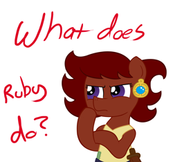 Size: 1500x1406 | Tagged: safe, artist:ficficponyfic, oc, oc only, oc:ruby rouge, earth pony, pony, belt, child, clothes, color, colt quest, cyoa, ear piercing, earring, female, filly, foal, jewelry, knife, piercing, simple background, solo, story included, thinking, vector, white background