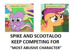 Size: 634x474 | Tagged: safe, scootaloo, spike, dragon, abuse, derpibooru, go to sleep garble, grammar error, meta, op is a cuck, op is trying to start shit, sad, scootabuse, shitposting, spikeabuse, tags