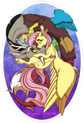 Size: 1281x1872 | Tagged: safe, artist:inuhoshi-to-darkpen, discord, fluttershy, draconequus, pegasus, pony, cheek fluff, cute, discoshy, discute, ear fluff, female, fluffy, leg fluff, looking at each other, male, mare, shipping, shoulder fluff, shyabetes, straight, unshorn fetlocks, wing fluff